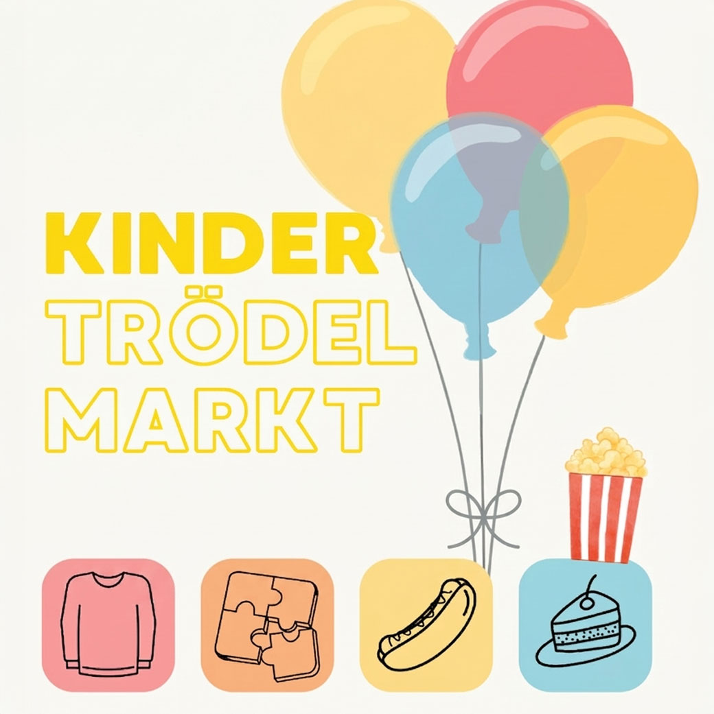llustration zum Kindertrödelmarkt der Kita St. Thomas Morus mit bunten Luftballons, Popcorn und Icons für Kleidung, Spielzeug, Hotdogs und Kuchen.